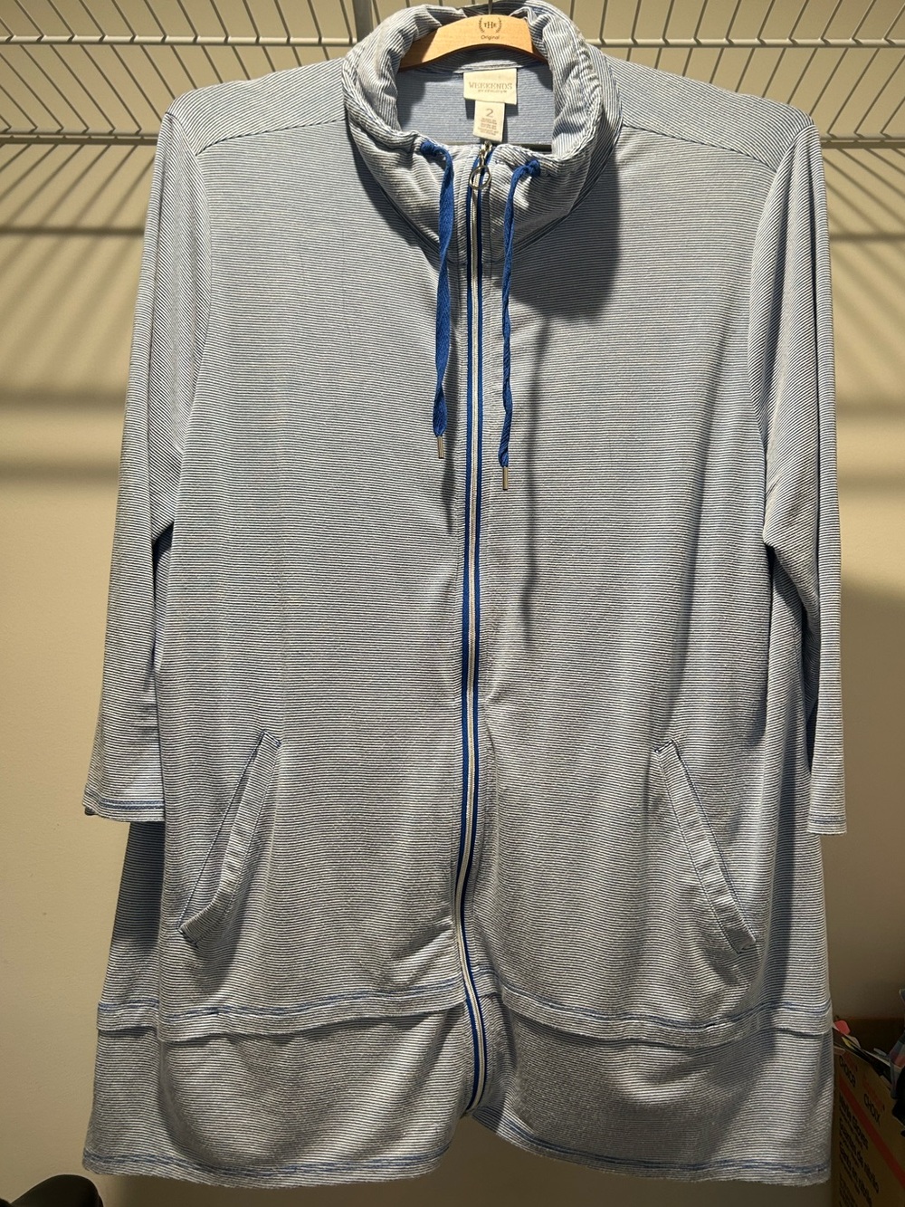 Chico’s Women’s Weekends jacket  light blue & white thin striped nautical L